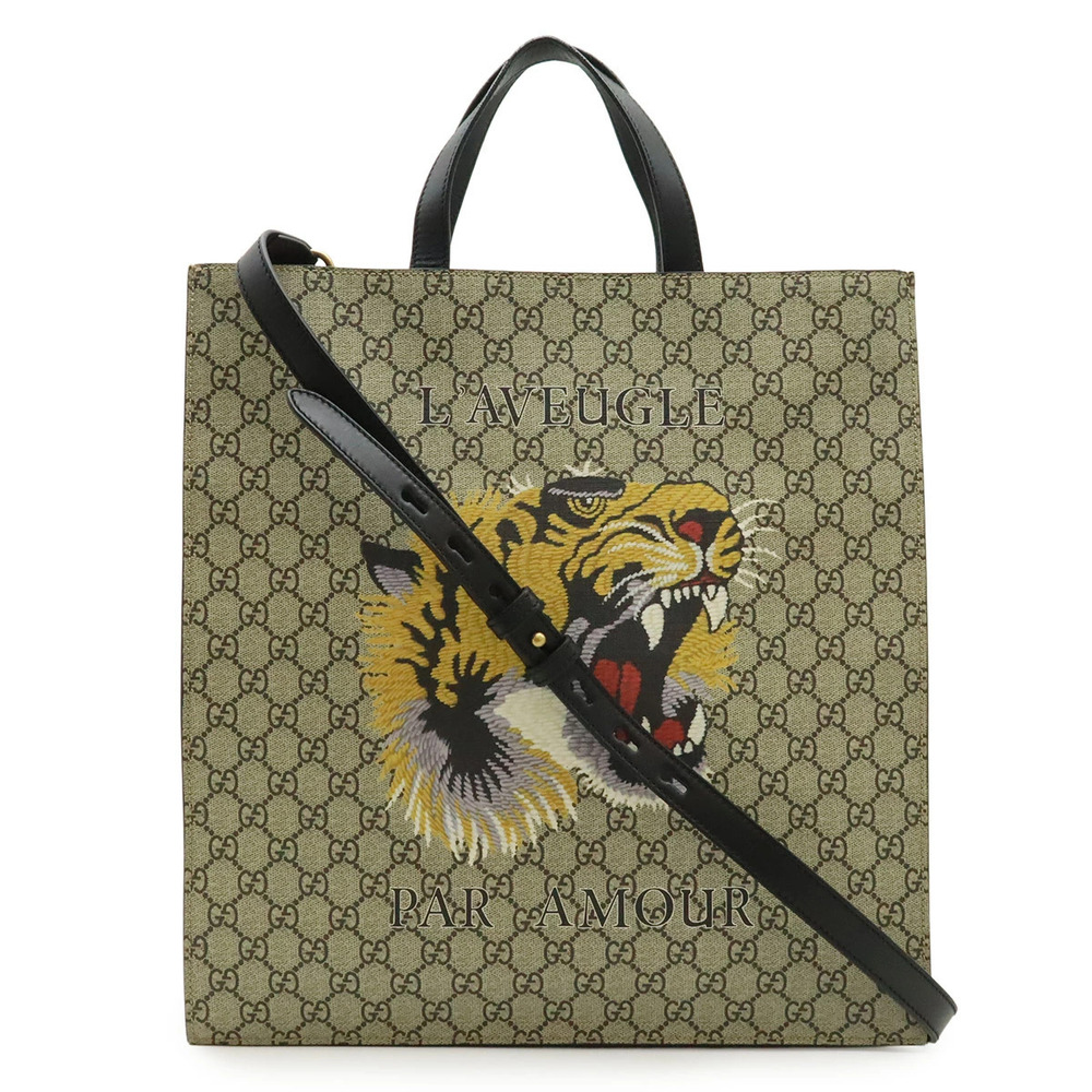 Gucci GG Supreme Tiger Tote Bag Shoulder Leather Beige Brown Cream Black